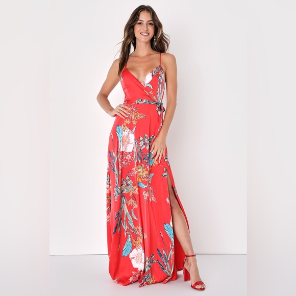 Lulus Dresses & Skirts - Lulus Still the One Red Floral Print Satin Maxi Dress